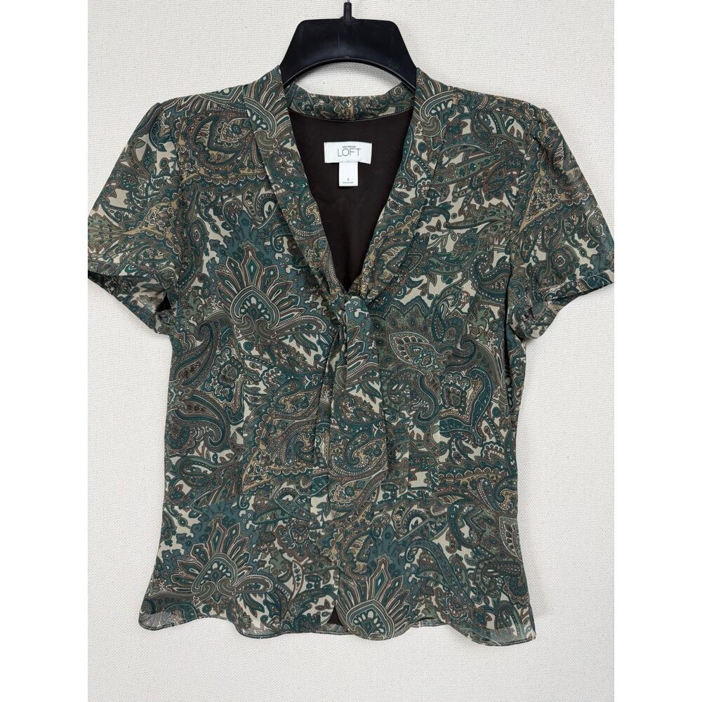 Ann Taylor Loft Women's Blouse Top 4 Green Paisley Tie Neck Button Up Career